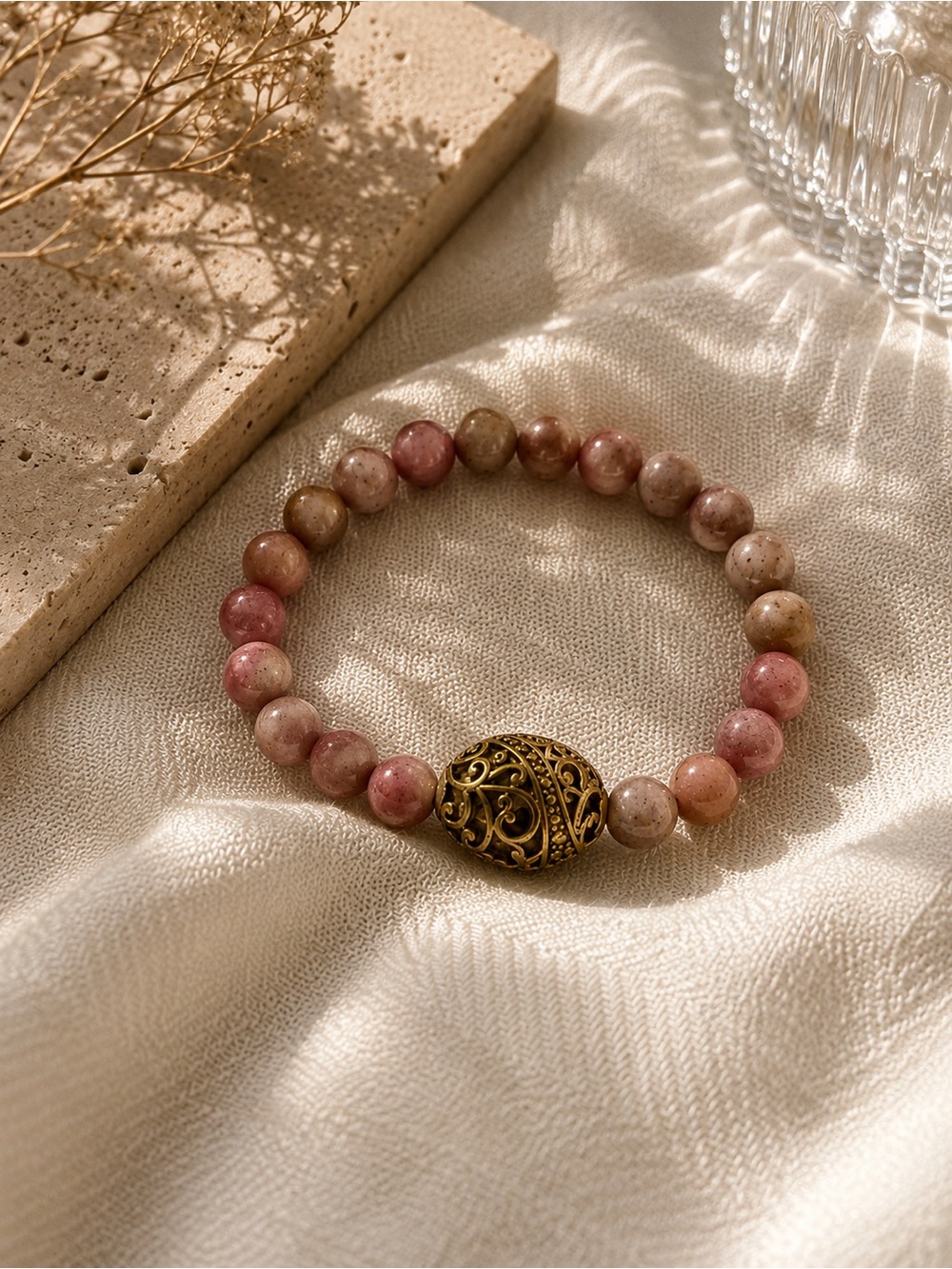 Beaded Pink and Gold Filigree Bracelet - Women's Jewelry
